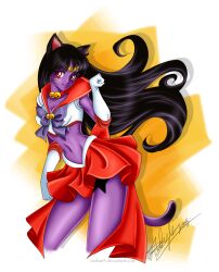 animal_ears bell black_hair breasts cat_ears cat_girl cat_tail choker circlet cleavage colored_skin crop_top emilia89 gloves hino_rei jingle_bell midriff navel paw_pose pleated_skirt purple_skin red_choker red_eyes red_sailor_collar red_skirt sailor_collar sailor_mars skirt smile star_(symbol) tail whiskers white_gloves