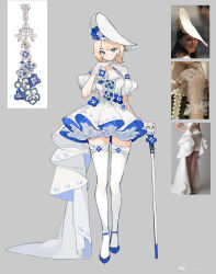 1girl absurdres blonde_hair blue_eyes blue_flower blue_shoes breasts cane chinese_commentary cleavage cleavage_cutout closed_mouth clothing_cutout collared_dress commentary_request dress dress_flower earrings eyelashes floral_print flower frilled_gloves frilled_thigh_strap frills full_body gloves grey_background hair_flower hair_ornament hand_on_own_chin happy hat high_heels highres holding holding_cane jewelry lace lace_gloves looking_at_viewer original personification petticoat photo_inset puffy_short_sleeves puffy_sleeves reference_inset shoes short_dress short_hair short_sleeves simple_background skull smile solo sphere_earrings standing swept_bangs thigh_strap thighhighs train_(clothing) two-sided_dress two-sided_fabric watermark weibo_watermark white_dress white_flower white_gloves white_hat white_thighhighs yayako_(804907150)