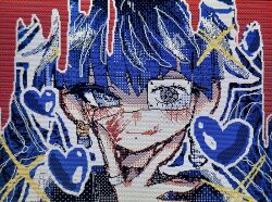 blood blood_on_face blood_splatter blue_eyes closed_mouth earrings eyepatch face_piercing hand_up heart highres jewelry lip_piercing looking_at_viewer omokage_yugamu one_eye_covered piercing pixel_art red_background the_hundred_line_-last_defense_academy- upper_body