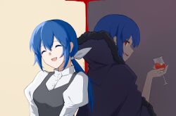 2girls absurdres back-to-back black_cape blood blue_hair buttons cape ciel_(tsukihime) closed_eyes coffeejelly commentary_request cup dress dual_persona elesia evil_smile fur-trimmed_cape fur_trim glass hair_between_eyes head_tilt highres holding holding_cup juliet_sleeves long_hair long_sleeves looking_at_viewer multiple_girls open_mouth profile puffy_sleeves red_eyes roa-ciel smile tsukihime tsukihime_(remake) vampire very_long_hair white_dress