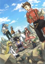 Rule 34 | 4boys, 4girls, absurdres, black dress, black hair, black pants, black shirt, blonde hair, blue eyes, blue hair, blue sky, book, bow, breasts, brown eyes, brown hair, carrying bag, cleavage, cloud, coat, colette brunel, crop top, dress, elbow gloves, fingerless gloves, fujibayashi sheena, genius sage, gloves, headband, highres, holding, holding book, ichimura hitoshi, jacket, japanese clothes, large breasts, lloyd irving, long hair, long sidelocks, looking at another, looking at object, multiple boys, multiple girls, muscular, muscular male, official art, on rock, open mouth, orange coat, pants, pink bow, pink hair, pink vest, presea combatir, purple gloves, raine sage, reading, red footwear, red gloves, red hair, red jacket, regal bryan, rock, scan, shirt, sidelocks, sitting, sky, smile, sprout, squatting, suspenders, tales of (series), tales of symphonia, twintails, very long hair, vest, white dress, white footwear, white gloves, white hair, white headband, white pants, zelos wilder