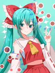 1girl alternate_costume aqua_eyes aqua_hair ascot blush bow chest_sarashi closed_mouth commentary_request cosplay danmaku detached_sleeves frilled_bow frills hair_bow hakurei_reimu hakurei_reimu_(cosplay) hatsune_miku long_hair looking_at_viewer red_bow red_skirt ribbon-trimmed_sleeves ribbon_trim sarashi skirt skirt_set solo split_mouth tepika-san touhou twintails v very_long_hair vocaloid yellow_ascot