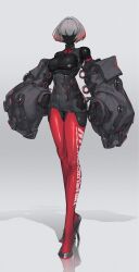 Rule 34 | 1girl, absurdres, black skin, bob cut, breasts, cleavage, colored skin, covered navel, detached sleeves, dress, echanis enicha, hair over eyes, high heels, highres, large breasts, multicolored hair, original, pink hair, red lips, short dress, thighhighs, two-tone hair, white hair