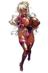 1girl alternate_skin_color black_boots blonde_hair blush boots breasts brown_gloves cleavage covered_erect_nipples dark-skinned_female dark_skin eyebrows_hidden_by_hair finger_to_own_chin fishnet_gloves fishnet_thighhighs fishnets full_body garter_belt gloves grin groin hair_ribbon highres huge_breasts inverted_nipples kantai_collection large_areolae large_variant_set lips long_hair looking_at_viewer naganami_(kancolle) open_mouth pubic_tattoo ribbon smile solo super_highleg taimanin_suit tattoo teeth thighhighs vambraces variant_set yellow_eyes yellow_ribbon yoshi_tama