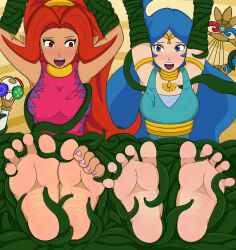2girls barefoot blue_eyes blue_hair din dst1278 feet foot_focus highres long_hair multiple_girls nail_polish nayru nintendo plant red_eyes red_hair signature soles the_legend_of_zelda the_legend_of_zelda:_oracle_of_ages the_legend_of_zelda:_oracle_of_seasons tickling tickling_feet toenail_polish toenails toes vines