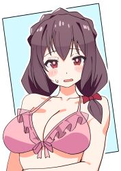 Rule 34 | 1girl, arm under breasts, bare arms, bare shoulders, bikini, blue background, blush stickers, bow, braid, breasts, brown hair, cleavage, collarbone, commentary, crown braid, frilled bikini, frills, front-tie bikini top, front-tie top, hair between eyes, hair bow, highres, kono subarashii sekai ni shukufuku wo!, large breasts, long hair, looking at viewer, noyama takenoko, open mouth, outline, pink bikini, red bow, red eyes, simple background, solo, sweatdrop, swimsuit, upper body, white outline, yunyun (konosuba)