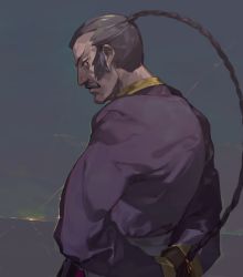 1boy arms_behind_back braid commentary_request dougi facial_hair g_gundam grey_hair gundam highres jacket long_hair male_focus master_asia mustache old old_man aged_up pants profile sash shirt smile so-taro standing upper_body