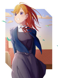 1girl arms_behind_back blue_jacket blue_sky blush commentary dress english_commentary evening gradient_sky grey_dress highres jacket long_sleeves looking_to_the_side love_live! love_live!_superstar!! mochi_(znkn4524) neck_ribbon orange_sky petals purple_eyes red_ribbon ribbon school_uniform shibuya_kanon shirt sky smile solo white_shirt wind yuigaoka_school_uniform