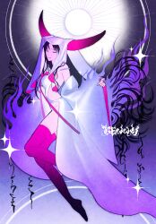 1girl closed_eyes demon_horns facing_to_the_side fate/grand_order fate_(series) from_side full_body highres horns keededdy light_rays off_shoulder parted_lips purple_ribbon purple_thighhighs ribbon sessyoin_kiara solo spaghetti_strap star_(symbol) sun thighhighs