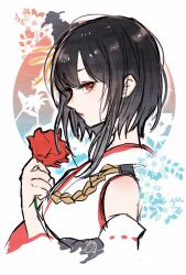 Rule 34 | 1girl, black hair, commentary request, detached sleeves, epaulettes, flower, headgear, highres, kantai collection, looking at viewer, nontraditional miko, nora (salatto), one-hour drawing challenge, profile, red eyes, red flower, rope, short hair, solo, yamashiro (kancolle)