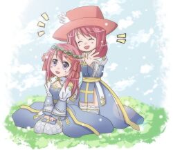 2girls arch_bishop_(ragnarok_online) blue_dress blue_sky bow cleavage_cutout closed_eyes clothing_cutout commentary_request cross dated_commentary day dress fishnet_thighhighs fishnets frilled_thighhighs frills full_body grass hair_bow hat head_wreath juliet_sleeves long_hair long_sleeves multiple_girls notice_lines open_mouth outdoors pink_bow pink_hair pink_hat puffy_sleeves purple_eyes ragnarok_online sash seiza sharari sitting sky smile thighhighs top_hat two-tone_dress white_dress white_thighhighs yellow_sash