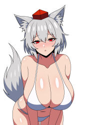 1girl :o absurdres animal_ears bare_shoulders bikini blush breasts collarbone grey_hair half-closed_eyes hat highres huge_breasts inubashiri_momiji looking_at_viewer red_eyes simple_background solo ssaf_seibeupail swimsuit tail tokin_hat touhou white_background white_bikini wolf_ears wolf_girl wolf_tail