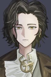 Rule 34 | 1girl, ascot, black hair, brown coat, coat, earrings, greta hofmann, grey background, highres, jewelry, long hair, looking at viewer, mole, mole under mouth, portrait, reverse:1999, shirt, solo, susugi (susug1 1), white ascot, white shirt, yellow eyes