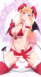 Rule 34 | 1girl, 5to rai, alternate costume, animal ears, bat tattoo, bikini, blush, breast tattoo, breasts, cleavage, demon girl, demon horns, demon tail, demon wings, elbow gloves, fake animal ears, fur-trimmed bikini, fur-trimmed gloves, fur-trimmed skirt, fur-trimmed thighhighs, fur trim, gloves, highleg, highleg bikini, highres, hololive, horns, large breasts, looking at viewer, navel, pointy ears, rabbit ears, red bikini, red gloves, red skirt, red thighhighs, santa bikini, santa costume, skirt, smile, solo, swimsuit, tail, tattoo, thighhighs, virtual youtuber, wings, yuzuki choco