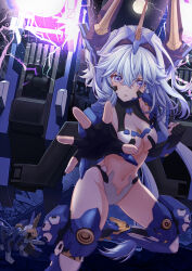 1girl absurdres armor armored_boots bikini_armor blue_hair boots breasts cannon cleavage clenched_hand commentary_request crossed_bangs dragon_girl dragon_horns dragon_tail energy energy_beam energy_cannon full_moon hair_between_eyes hand_up headpiece highres horns large_breasts long_hair looking_at_viewer mecha_musume mechanical_tail missile_pod moon moonlight navel neomeka night night_sky open_hand open_mouth purple_eyes rhine_(starward) sky solo star_(sky) starry_sky starward stomach tail thighs twintails very_long_hair weapon