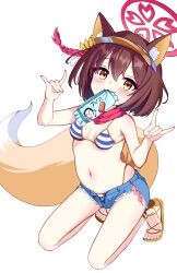 1girl absurdres animal_ear_fluff animal_ears arms_up bikini blue_archive blush breasts brown_eyes brown_hair cutoffs denim denim_shorts double_fox_shadow_puppet feet food fox_ears fox_girl fox_shadow_puppet fox_tail halo highleg highleg_bikini highres ice_cream izuna_(blue_archive) izuna_(swimsuit)_(blue_archive) kneeling kurokoas micro_shorts mouth_hold navel red_halo red_scarf sandals scarf short_hair short_shorts shorts smile solo stomach striped_bikini striped_clothes swimsuit tail thighs toes unbuttoned visor_cap