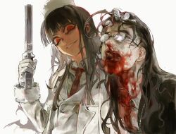 2girls 2ya0213 alucard_(hellsing) black_suit blood blood_from_mouth blood_on_clothes blood_on_face formal_clothes genderswap genderswap_(mtf) girlycard gun hellsing holding holding_gun holding_weapon long_hair looking_at_viewer multiple_girls nosebleed red_eyes rip_van_winkle_(hellsing) suit weapon white_suit