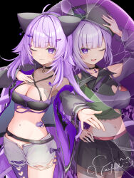 1girl :3 black_background black_collar black_hat breasts cleavage collar collarbone cowboy_shot different_reflection grey_shorts hat highres hololive large_breasts long_hair navel nekomata_okayu nekomata_okayu_(personya_respect) official_alternate_costume one_eye_closed purple_eyes purple_hair reflection shorts simple_background torakichi_888 virtual_youtuber