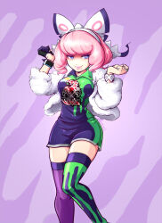 1girl alternate_eye_color asymmetrical_legwear blue_eyes bow bracelet breasts clenched_hands coat collared_shirt drill_hair dynamax_band eyeshadow flipped_hair fur_coat fur_jacket hair_bow hairband half-closed_eyes highres jacket jewelry klara_(pokemon) makeup medium_breasts mismatched_legwear mole mole_under_mouth nintendo pink_eyeshadow pink_hair pink_lips pokemon pokemon_swsh print_shirt print_shorts ring shirt short_hair shorts side_slit side_slit_shorts smile solo tsunami_hisoka twin_drills two-tone_shirt two-tone_shorts two-tone_thighhighs white_bow white_hairband