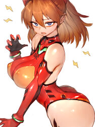 1girl adapted_costume alternate_breast_size alternate_costume ass blue_eyes breasts brown_hair curvy elbow_gloves frown fumio_(rsqkr) gloves hair_between_eyes highleg highleg_leotard highres huge_ass large_breasts leotard lightning_bolt_symbol long_hair looking_at_viewer lower_teeth_only mecha_pilot_suit neon_genesis_evangelion open_mouth pectorals plugsuit_(evangelion) red_gloves red_leotard shiny_clothes shiny_skin solo souryuu_asuka_langley standing teeth thong_leotard tongue tsundere white_background wide_hips