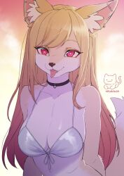 1girl animal_ear_fluff animal_ear_piercing animal_ears animal_nose artist_name bikini black_choker blonde_hair body_fur breasts choker collarbone colored_tips commentary english_commentary eyeliner fox_ears fox_girl fox_tail front-tie_bikini_top front-tie_top furrification furry furry_female heart heart-shaped_pupils highres kitagawa_marin long_hair looking_at_viewer makeup multicolored_hair nikoyishi piercing red_eyes solo sono_bisque_doll_wa_koi_wo_suru swimsuit symbol-shaped_pupils tail tongue tongue_out tongue_piercing two-tone_fur upper_body white_bikini white_fur yellow_fur