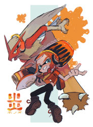 1girl asymmetrical_hair black_pants blaziken blue_eyes boots braid brown_footwear clothed_pokemon company_connection creatures_(company) crossover eyebrow_cut fangs full_body game_freak gen_3_pokemon grin headphones inkling inkling_girl inkling_player_character kikuyoshi_(tracco) long_hair nintendo orange_hair orange_shirt pants pokemon pokemon_(creature) range_blaster_(splatoon) shirt short_sleeves smile splatoon_(series) splatoon_3 t-shirt teeth