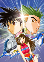 Rule 34 | 1girl, 2boys, black hair, bleed kaga, breasts, brown eyes, brown hair, car, closed mouth, future gpx cyber formula, green hair, helmet, highres, kazami hayato, long hair, motor vehicle, multiple boys, official art, open mouth, short hair, skirt, smile, sugou asuka, ueyama michirou