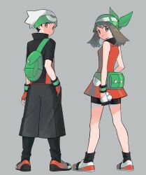 1boy 1girl backpack bag bandana beanie bike_shorts black_hair black_shirt black_socks brendan_(pokemon) brown_eyes brown_hair closed_mouth commentary_request dress fanny_pack fingerless_gloves from_behind gloves green_bag green_bandana grey_background hat highres holding holding_poke_ball ittumozzz looking_back may_(pokemon) nintendo orange_dress orange_gloves pants poke_ball pokemon pokemon_emerald pokemon_rse premier_ball shirt shoes short_hair short_sleeves sleeveless sleeveless_dress socks standing white_headwear