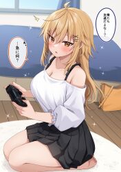 Rule 34 | 1girl, ^^^, bag, bare shoulders, barefoot, bed, black skirt, blue sky, blush, breasts, brown eyes, brown hair, cleavage, controller, curtains, day, game controller, hair between eyes, hair ornament, hairclip, highres, holding, indoors, komori kuzuyu, large breasts, long hair, long sleeves, looking at viewer, nao (kuzuyu), off-shoulder shirt, off shoulder, original, parted lips, pleated skirt, puffy long sleeves, puffy sleeves, seiza, shirt, sitting, skirt, sky, soles, solo, sweat, white shirt, window, wooden floor, x hair ornament