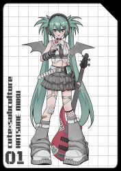 1girl aqua_eyes aqua_hair bat_wings belt breasts candy choker cute_x_subculture_hatsune_miku_design_contest fake_horns fashion food frilled_skirt frills full_body gothic_punk grey_lips grey_necktie grey_skirt grid_background guitar hatsune_miku headphones highres holding holding_candy holding_food holding_guitar holding_instrument holding_lollipop horns inori1o4_88 instrument lollipop long_hair looking_at_viewer midriff necktie punk shirt shoes skirt sleeveless sleeveless_shirt small_breasts solo spiked_hair standing striped_arm_warmers twintails very_long_hair vocaloid walkman white_belt white_shirt white_shoes wings y2k_fashion zipper