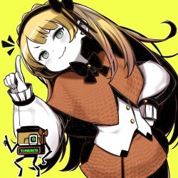 1girl an_apple_akaao black_bow black_bowtie black_hairband blonde_hair bow bowtie braid brown_capelet brown_skirt capelet closed_mouth crown_braid green_eyes hairband highres lobotomy_corporation long_hair long_sleeves looking_at_viewer pointing project_moon shirt simple_background skirt solo standing tiphereth_a_(project_moon) upper_body white_shirt yellow_background