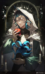 1boy ahoge apple arknights beads black_hair blue_hair brick candle cloak colored_inner_hair cross fins fire flower food fruit gloves head_fins highres holding holding_food holding_fruit hood hood_up hooded_cloak imahana017 lily_of_the_valley long_sleeves looking_at_viewer lumen_(arknights) medium_hair multicolored_hair parted_bangs plant priest solo vines watermark weibo_watermark white_flower white_gloves yellow_eyes