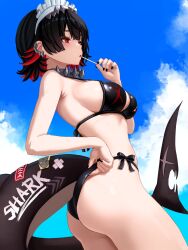 1girl absurdres alternate_costume armpit_crease ass bare_shoulders bikini black_bikini black_hair black_nails blue_sky blush breasts collar colored_inner_hair commentary day ellen_joe english_commentary fins fish_tail highres large_breasts lollipop_in_mouth maid_headdress metal_collar multicolored_hair nail_polish outdoors red_eyes red_hair scar scar_on_tail shark_girl shark_tail short_hair side-tie_bikini_bottom sideboob sky solo swimsuit tail thighs yan_kodiac zenless_zone_zero