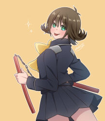 Rule 34 | 1girl, akzk kh, black skirt, brown hair, dissidia final fantasy, dissidia final fantasy opera omnia, final fantasy, final fantasy viii, flipped hair, green eyes, highres, holding, looking at viewer, nunchaku, pleated skirt, school uniform, selphie tilmitt, short hair, simple background, skirt, smile, solo, weapon