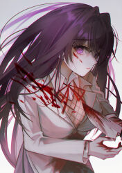 Rule 34 | 1girl, absurdres, blood, blood on clothes, blood on face, blood on hands, bloody knife, breasts, brown vest, commentary, doki doki literature club, doki doki literature club school uniform, english commentary, grey jacket, highres, injury, jacket, knife, large breasts, long hair, long sleeves, looking at viewer, neck ribbon, purple eyes, purple hair, red ribbon, ribbon, school uniform, shirt, solo, vest, white shirt, wny (wnys art), yuri (doki doki literature club)
