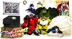 1girl 6+boys apron arcee autobot bad_id bad_pixiv_id blanket bulkhead bumblebee cliffjumper decepticon highres kotteri megatron multiple_boys optimus_prime peeking pillow ratchet_(transformers) robot science_fiction sleeping starscream television transformers transformers_prime window