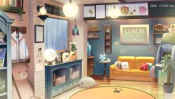 angel_wings bag bookshelf brick_wall carpet ceiling_light character_name commentary_request copyright_name copyright_notice couch cup curtains desk_lamp drawer english_text flower hair_flower hair_ornament hololive indoors jacket kagawa_ichigo lamp living_room manga_(object) momosuzu_nene nekko_(momosuzu_nene) no_humans official_art picture_frame pillow plant potted_plant shopping_bag sticker stuffed_animal stuffed_toy teddy_bear virtual_youtuber wall_lamp white_flower white_jacket window wings