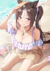 1girl animal_ears arm_support arm_up bare_shoulders beach bikini bikini_top_only blush breasts brown_hair check_commentary cleavage commentary commentary_request hat_over_one_ear highres hokko_tarumae_(pastel_marine_locadol)_(umamusume) hokko_tarumae_(umamusume) horse_ears horse_girl horse_tail jewelry kagari_liroi large_breasts long_hair looking_at_viewer multicolored_hair necklace off-shoulder_bikini off_shoulder official_alternate_costume official_alternate_hairstyle on_ground open_mouth overall_skirt overalls purple_bikini purple_eyes see-through_bag shell shell_necklace smile solo streaked_hair swimsuit tail thighs umamusume white_hair yellow_overalls