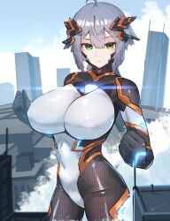 1girl absurdres ahoge bodysuit breasts building city clenched_hands colossus_(natsukaze_shigure) covered_erect_nipples covered_navel giant giantess green_eyes grey_hair highres huge_breasts impossible_bodysuit impossible_clothes large_breasts looking_at_viewer natsukaze_shigure original science_fiction short_hair skin_tight solo virtual_youtuber