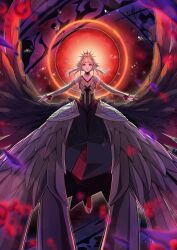 1girl abstract_background absurdres adapted_costume bare_shoulders black_dress black_wings cherub choker collarbone commission darkness detached_sleeves dress fire_emblem fire_emblem_heroes gem gold_trim grey_hair halo highres nintendo official_alternate_costume official_alternate_hairstyle outstretched_arms oversized_wings red_choker red_eyes red_gemstone second-party_source short_hair short_hair_with_long_locks sidelocks skeb_commission taiju_(gr09kuma) tiara umbrakinesis veronica_(fire_emblem) veronica_(princess_rising)_(fire_emblem) wings