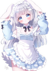 1girl animal_ears apron arms_up bare_shoulders blue_dress blue_eyes blush breasts cleavage detached_collar detached_sleeves dress hair_ornament hairclip long_sleeves looking_at_viewer maid maid_headdress mozukun43 original print_dress rabbit_ears rabbit_pose simple_background small_breasts solo waist_apron white_apron white_background