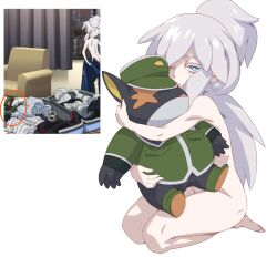 1girl anime_screenshot_inset blue_eyes closed_mouth colored_eyelashes completely_nude deux_murasame grey_hair gundam gundam_gquuuuuux hair_bun hat highres holding holding_stuffed_toy hug keuma long_hair military_hat military_uniform nude one_eye_closed screenshot_inset simple_background solo stuffed_animal stuffed_toy white_background