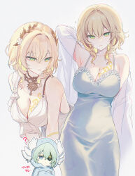 Rule 34 | 1boy, 1girl, aglaea (honkai: star rail), anaxa (honkai: star rail), arm behind head, arm up, armpits, bare shoulders, blonde hair, blue eyes, breasts, chibi, chibi inset, cleavage, closed mouth, dress, green eyes, hair between eyes, hair ornament, honkai: star rail, honkai (series), korean text, large breasts, medium hair, multiple views, short hair, silltare, simple background, sleeveless, sleeveless dress, tattoo, white background, white dress