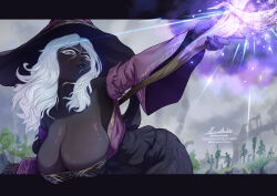 1girl black_skin breasts colored_skin dark-skinned_female dark_skin doktor_malefic elden_ring elden_ring_nightreign hat highres large_breasts large_hat long_hair magic purple_hat purple_sleeves recluse_(elden_ring) very_dark_skin white_hair witch witch_hat wooden_staff
