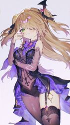 1girl artist_name asymmetrical_legwear black_leotard black_nails black_ribbon blonde_hair bow bowtie breasts bridal_gauntlets commentary_request detached_collar eyepatch fischl_(genshin_impact) funa_(sakana) garter_straps genshin_impact green_eyes hair_over_one_eye hair_ribbon highres leotard long_hair looking_at_viewer medium_breasts nail_polish pantyhose parted_lips purple_bow purple_bowtie purple_bridal_gauntlets purple_pantyhose ribbon simple_background single_garter_strap single_leg_pantyhose single_thighhigh solo tailcoat thighhighs two-sided_tailcoat two_side_up white_background