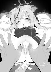 1boy 1girl after_vaginal akazawa_red animal_ears bar_censor blue_archive blush breasts censored chestnut_mouth clothing_aside covered_erect_nipples crotch cum cum_in_pussy cumdrip dated dress furrowed_brow greyscale half-closed_eyes halo highres kokona_(blue_archive) long_hair looking_at_viewer lying monochrome multicolored_hair no_panties on_back open_mouth pelvic_curtain pelvic_curtain_aside pov pov_hands pussy small_breasts solo_focus spread_legs spread_pussy streaked_hair striped_clothes striped_dress sweat tears tiger_ears tongue twitter_username vertical-striped_clothes vertical-striped_dress wide_spread_legs
