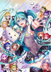 &gt;_&lt; 3boys 6+girls a.i._voice abstract_background absurdly_long_hair adachi_rei antenna_hair armpits bare_shoulders black_hair black_skirt black_sleeves black_thighhighs blonde_hair blue_eyes blue_hair blue_nails blue_necktie brother_and_sister brown_hair cevio chibi collared_shirt detached_sleeves emergency_exi10 goggles goggles_on_head gradient_background green_hair grey_shirt gumi hachune_miku hair_ornament hairclip hatsune_miku headset high_ponytail highres kaai_yuki kafu_(cevio) kagamine_len kagamine_rin kaito_(vocaloid) kamitsubaki_studio kamui_gakupo kasane_teto kasane_teto_(utau) kotonoha_akane kotonoha_aoi long_hair looking_at_viewer low_twintails megurine_luka meiko_(vocaloid) miniskirt multicolored_background multicolored_hair multiple_boys multiple_girls necktie niconico number_tattoo open_mouth orange_eyes orange_hair outstretched_hand pink_hair pleated_skirt ponytail purple_eyes purple_hair reaching reaching_towards_viewer red_eyes red_hair shirt shoulder_tattoo siblings sisters skirt sleeveless sleeveless_shirt smile streaked_hair swept_bangs tattoo terebi-chan thighhighs twintails utau v-shaped_eyebrows very_long_hair vocaloid voiceroid voicevox white_hair yuzuki_yukari zundamon