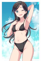 Rule 34 | 1girl, ;d, aqua hair, arm up, armpits, bikini, black bikini, black hair, blue sky, border, breasts, breasts apart, character request, chikatetsu ni noru!, cloud, collarbone, commentary request, day, e20, highres, kyoto municipal subway, long hair, looking at viewer, medium breasts, multicolored hair, navel, one eye closed, open mouth, outside border, second-party source, sky, smile, solo, stomach, streaked hair, swimsuit, teeth, thighs, tongue, upper teeth only, white border