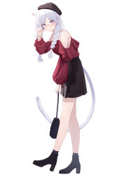 1girl absurdres adjusting_eyewear animal_ear_fluff animal_ears bag bare_shoulders beret black_boots black_skirt black_socks blush boots cat_ears cat_girl cat_tail closed_mouth commentary_request daily_(daily178900) full_body glasses hat high_heel_boots high_heels highres holding holding_bag long_hair long_sleeves looking_at_viewer off-shoulder_shirt off_shoulder original red_shirt shirt simple_background skirt smile socks solo standing tail white_background white_hair