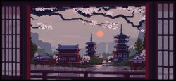 animated animated_gif cherry_blossoms day lake lennsan mountainous_horizon no_humans original outdoors pagoda pixel_art reflection reflective_water scenery sunrise tree water waterfall